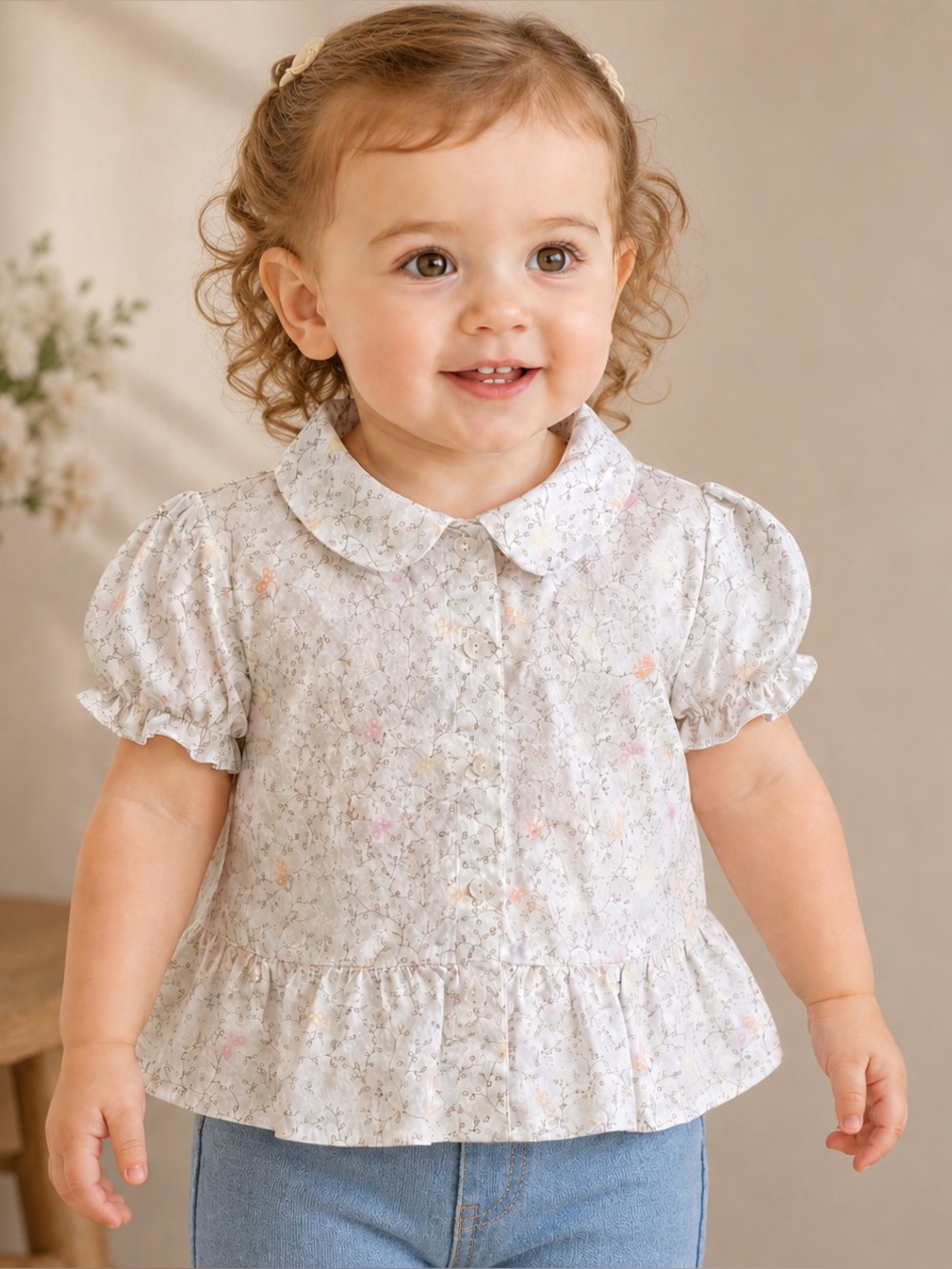 Talbots Kids 18M Floral Peter Pan Collar Cotton Blouse Puff Sleeve Peplum Top